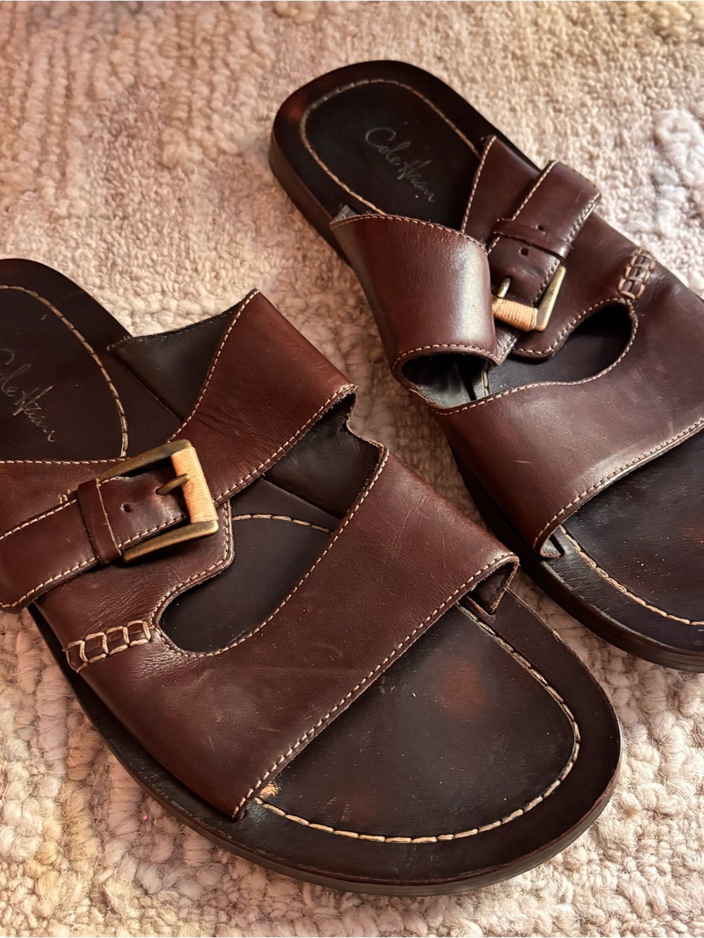 Cole Haan men’s 9.5M Brown leather double strap slides with a boho island vibe